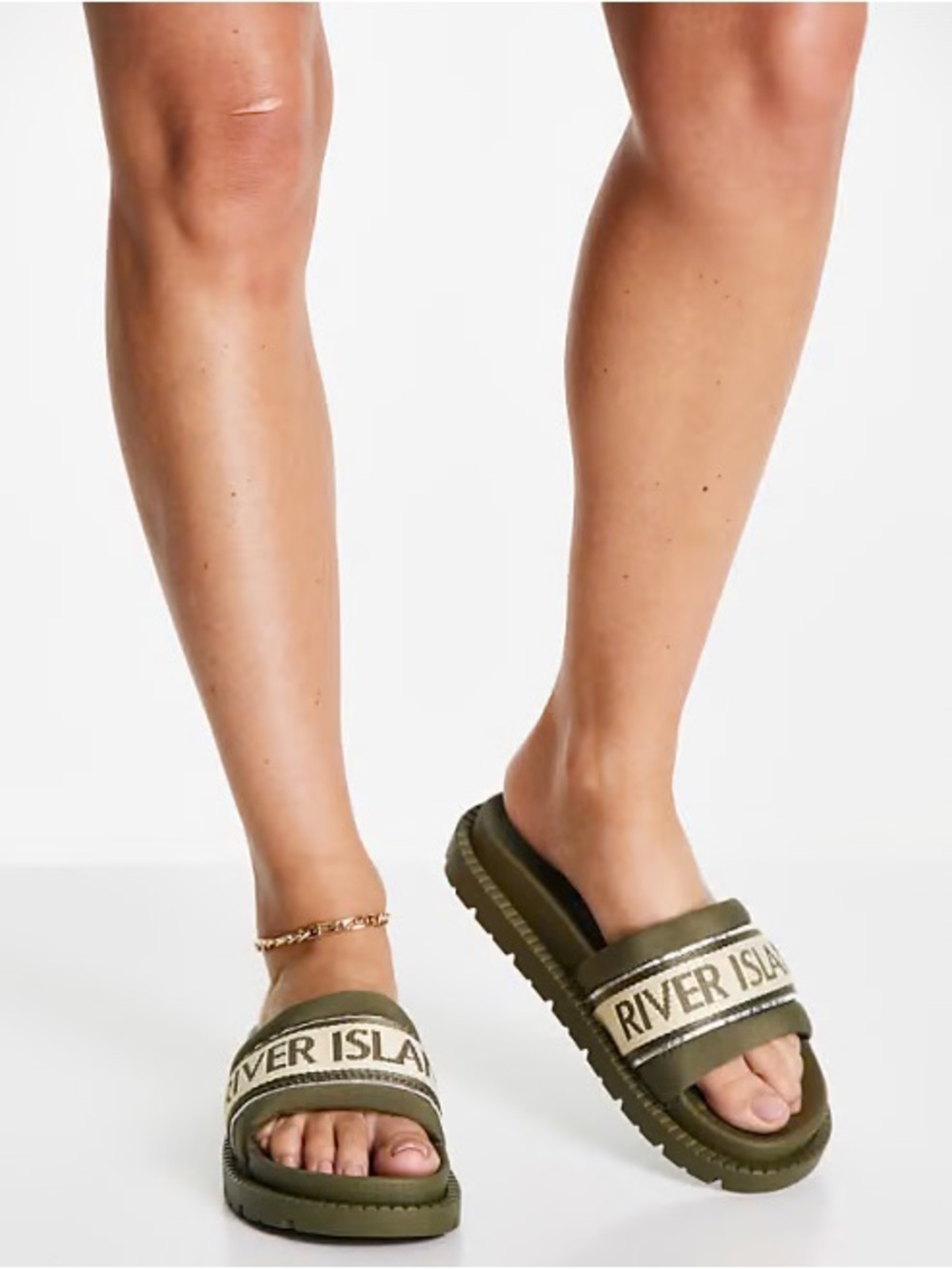 River Island Olive Slide Sandals with Branded Strap